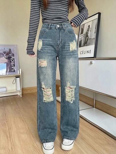 Women's Distressed Straight Leg Jeans Casual Spring