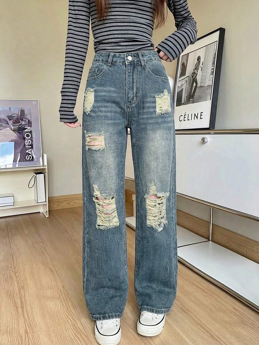 Women's Distressed Straight Leg Jeans Casual Spring - Medium Wash - View 1