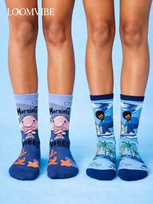 Unisex 2 Packs Fun Ocean & Island-Themed Viral Knee-High Socks: Blobfish/Morning Vibes + Surfing/Island Elements | Sweat-Absorbent & Odor-Resistant, Soft & Playful! Ideal Gift For Ocean & Summer Lovers – Perfect For Daily Casual/Themed Events - Multicolor - View 5