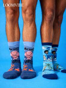 Unisex 2 Packs Fun Ocean & Island-Themed Viral Knee-High Socks: Blobfish/Morning Vibes + Surfing/Island Elements | Sweat-Absorbent & Odor-Resistant, Soft & Playful! Ideal Gift For Ocean & Summer Lovers – Perfect For Daily Casual/Themed Events - Multicolor - View 4
