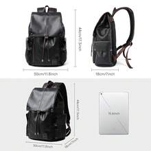 Mochila de cuero para hombres que cabe laptop de 15.6" Mochilas vintage impermeables con cordón para viajes y trabajo diario, color negro - Negro1 - Ver 6