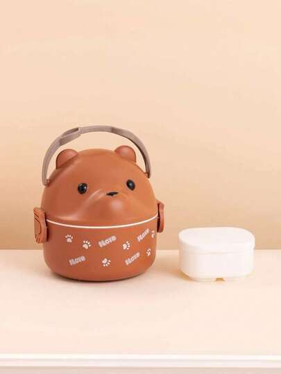 1pc Cute Bear Design Portable Microwave Bento Box, Multi-Layer Large Capacity Cartoon Lunch Box With Spoon And Fork, Leak-Proof Sealed Food Container, Suitable For Students, Office Workers At School, Restaurant, Outdoor And Home Use