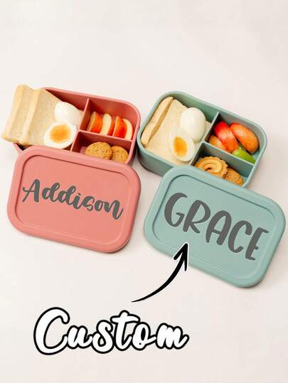 Boîte à lunch personnalisée en silicone, boîte bento portable personnalisable avec nom, indispensable pour la rentrée scolaire, unisexe, 3 compartiments, pratique pour conserver les repas, idéale pour le travail, les études et les sorties, gain de place, design à la mode, cadeau de rentrée scolaire