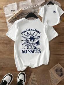 Plus Size Women's Floral Ink Style Botanical Print "Forever Chasing" Radiant Sun Palm Tree Sunset Pattern Casual Comfortable Daily T-Shirt, Summer Women's Clothing, Tops, Graphic Tee, Plus Size Women's Clothing, Plus Size Tops, Plus Size Women's Apparel, Plus Size Clothing, Plus Size T-Shirt, Plus Size Maternity Clothes White - White - View 3