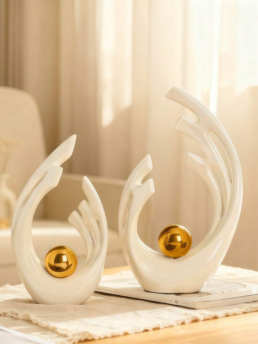 现代抽象白色雕塑套装（2件），优雅简约艺术装饰，饰以金色球形点缀，时尚的桌面摆件，适用于客厅、卧室、办公室和书架展示，是现代家居装饰爱好者的完美乔迁礼物。 - 1PC - 查看 1