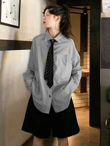 女士休闲条纹长袖衬衫，无领带，随机布料拼接，春季款 - 黑與白 - 查看 4