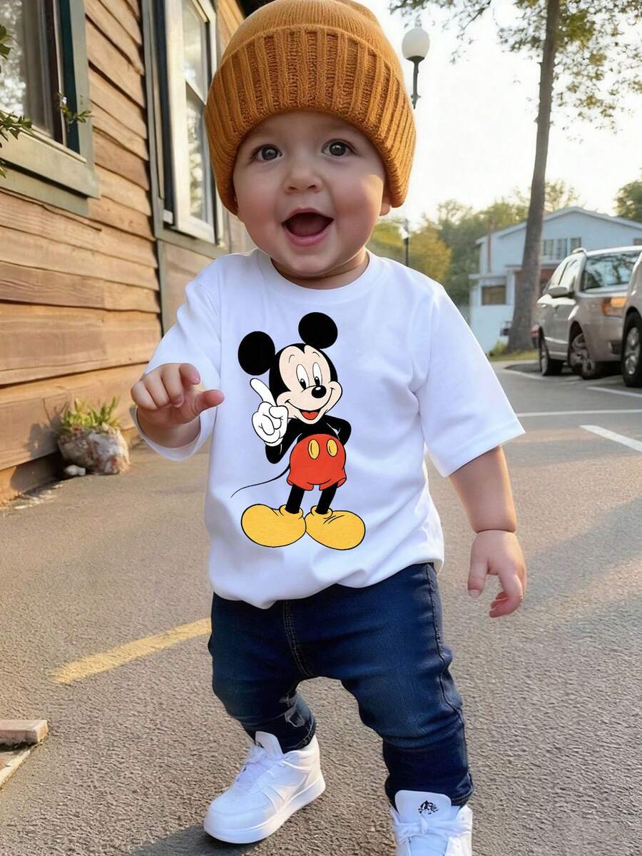 Disney Classic Mickey Mouse Baby T-Shirt, Red, Black & Yellow Contrast Print Short-Sleeve, Versatile Tee For Home & Outings - 白色 - 查看 1