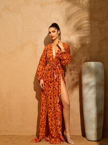 LOVE&LEMONADE 性感橙色豹纹长袖V领交叉腰带高开衩沙滩派对连衣裙 - 橘色 - 查看 4