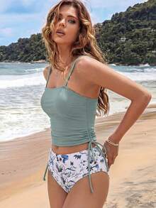 Chic ribbad tankini-set med blommönster - Hög stretch, icke-transparent, maskintvättbar - Dammode badkläder - Dammblå - Visa 3