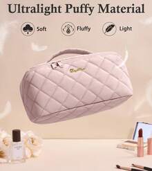Travel Makeup Bag, 3 Pcs Large Capacity Puffy Toiletry Bag For Women, Open Flat Make Up Cosmetic Organizer W/Handle & Clear Divider Water-Resistant Portable Pouch Travel Essentials - 粉紅玫瑰 - 查看 6