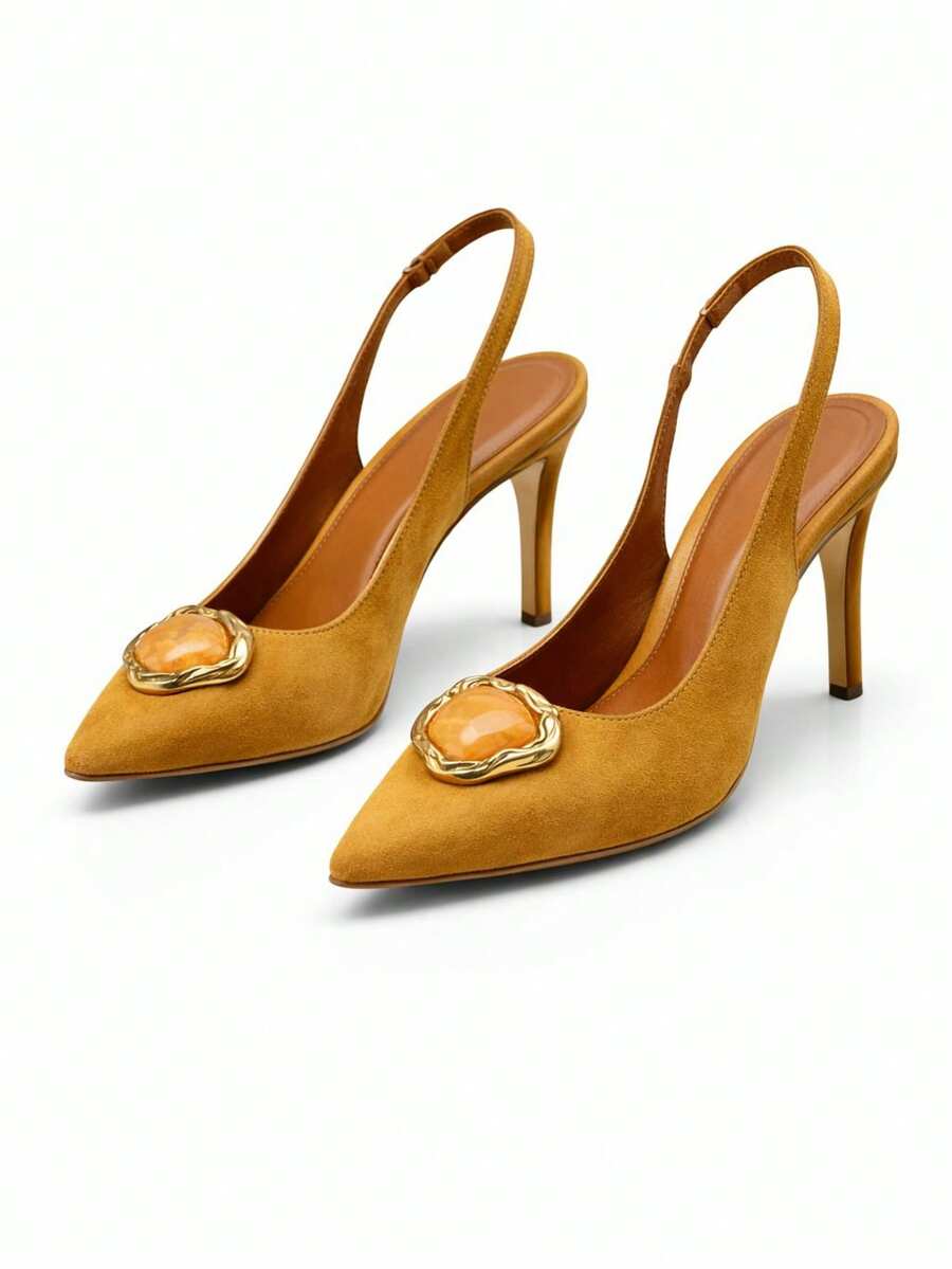 ANGELA GALVAO Open-Toe Slingback Pump With Elastic And Luxurious Glamour Stone - Da lộn sồi - Xem 1