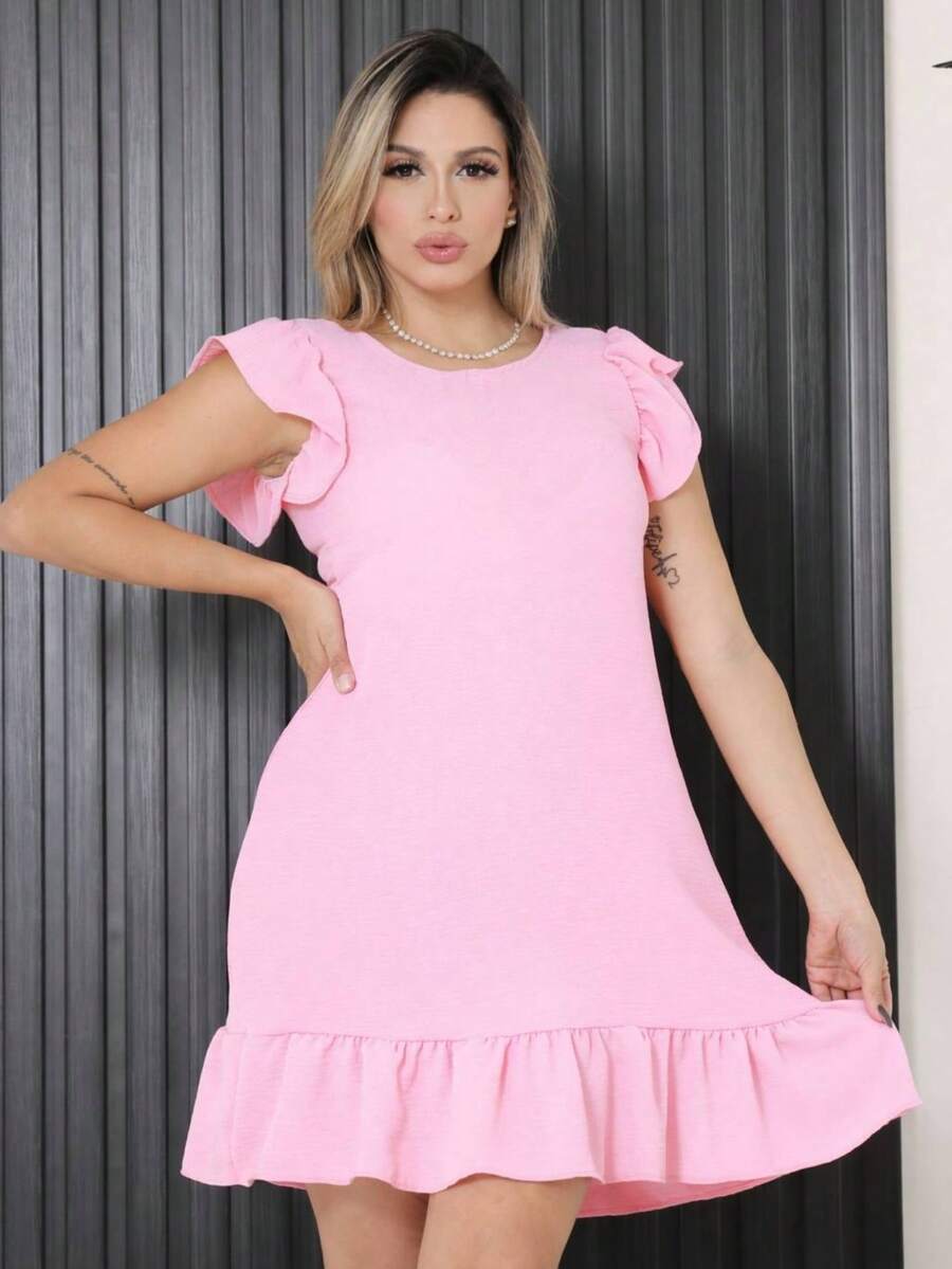 Women's Midi Dress With Ruffled Puff Sleeves, Princess Style, Plus Size - Màu Hồng baby - Xem 1