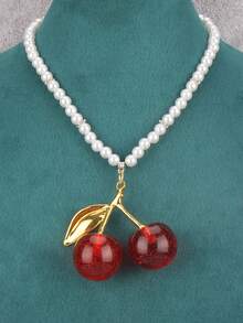 قلادة قصيرة بخرز بطراز بوهيمي للنساء، قلادة قلب كرزي أحمر من الراتنج، طوق عصري للحفلات، هدية للحبيبة والأم والأحباء - خرز أبيض - مشاهدة 9