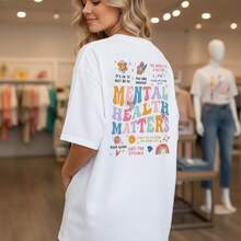Women's Mental Health Matters Graphic Print Cotton T-Shirt, Casual Short Sleeve O-Neck Tee With Positive Quotes, Comfortable Loose Fit Top For Daily Wear, S-5XL Sizes Available - trắng - Xem 7