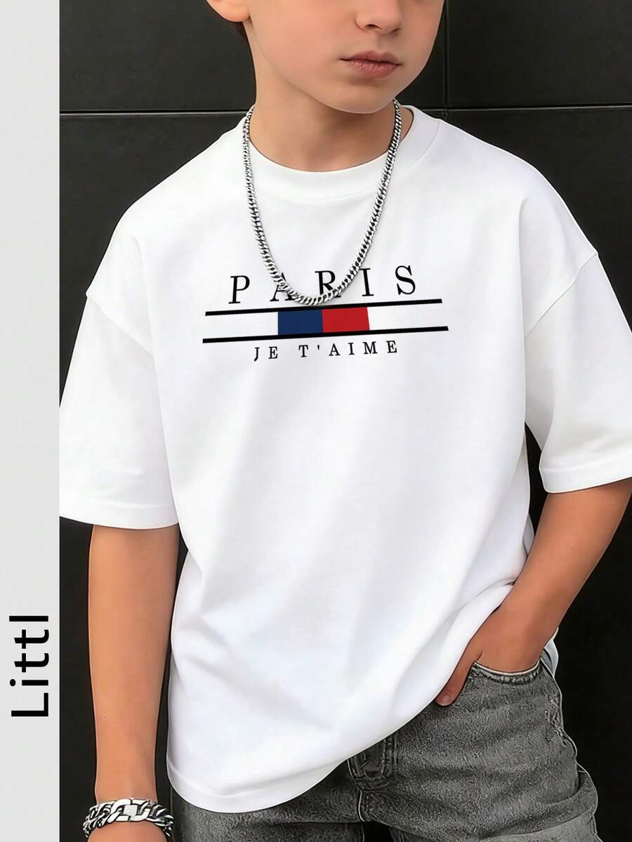 Tween Boy Casual Short Sleeve T-Shirt With Letter Print And Round Neck For Summer - White - View 1