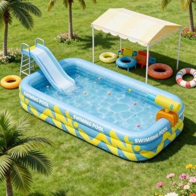 3-Layer Inflatable Family Pool - Stylish Vibrant Blue Pool, Movable Water Park - Outdoor Patio Water Entertainment For Summer, Party Pool, Portable Rectangular Swimming Pool Suitable For Backyard, Beach Or Summer Fun, Easy Setup (Accessories Not Included)