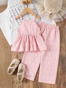 2pcs/Set Young Girl' Jacquard Sleeveless Camisole And Pants Set, Summer - Pink - View 2