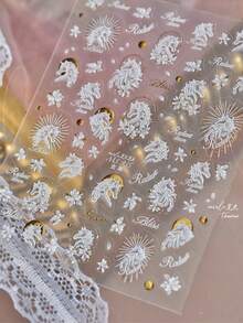 1片装 5D立体美甲贴纸 精致花朵和可爱小马图案 热压印 DIY自粘美甲贴纸 - 白色 - 查看 5