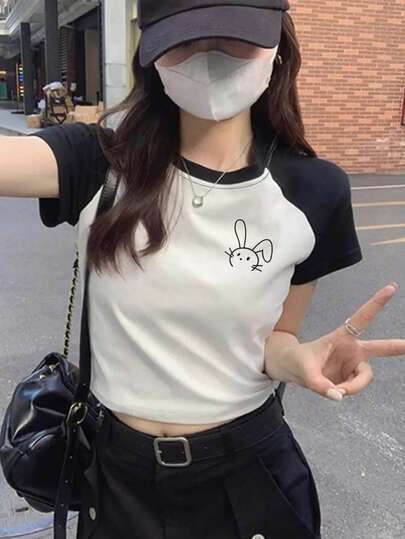 Women's Basic Versatile Grey, Black & White Color Block Simple Street Style Casual Commute Personalized Y2K Fitted Crew Neck Short Sleeve T-Shirt Top, Spring/Summer