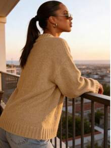 2026 Top  Women's Casual Sporty Aesthetic Oversized Loose Fit Chunky Knit Crew Neck Sweater Soft Cozy Textured Long Sleeve Top Relaxed Silhouette Streetwear Style Versatile Daily Wear For Coffee Dates Weekend Hangouts Campus Outings Available In Red Gray Dark Gray Brown Light Blue Beige Multi Fashion Colors - Lạc đà - Xem 4