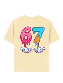 Tween Girl "67" Ice Cream Cartoon Print T-Shirt, Fashionable Summer Top For Girls - Apricot - View 7