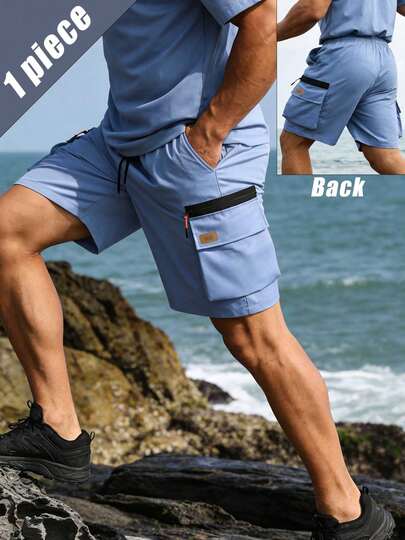 Men's Lightweight Quick-Dry Cargo Shorts, Elastic Waist Drawstring Summer Shorts With Zipper Pockets