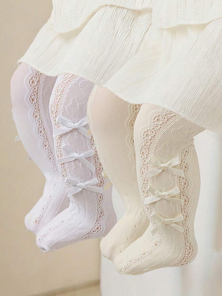 2pcs Girls Tights With Bow Pattern, Princess Style Baby Pantyhose, Comfortable Soft Lace Princess Tights