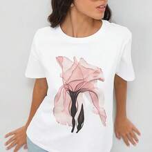 Short Sve Crew Neck Female Summer Stretchy Printed Oversized - Black - View 1