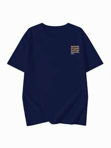 女士宽松藏蓝色图案T恤，饰有“NAGAN”字母印花，简约Y2K美学舒适纯棉休闲上衣 - 深藍 - 查看 3