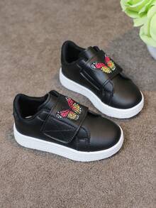 1 Pair Girls Boys Versatile Hook And Loop Comfortable Breathable White Sneakers With Colorful Powder Decoration Patchwork Fashion Flat Shoes Campus Student Casual Style Baby Shoes Running Sports Shoes - Black - View 3