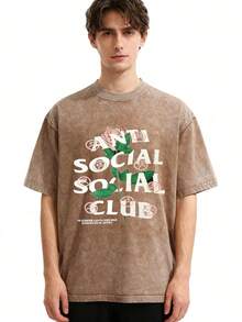 1pc Retro Water Washed T Shirts, Artistic Graphic Featuring A Blooming Rose Intertwined With Bold Anti Social Club Text Symbolizing Contrast Between Beauty And Isolation Vintage 100% 230g Pure Cotton Casual Tee For Men,Street Y2K, Summer Tops, New Year Gifts,Unisex - Cà phê nâu - Xem 1