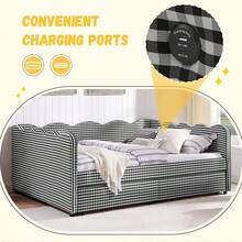 YOGLAD Full & Queen Size Gingham Daybed Sofa Bed With Storage Drawers And USB Port, Upholstered Linen Day Bed With Wave Shaped Frame, Multifunctional Couch Bed With 2 Rolling Drawers For Bedroom Living Room Guest Room - Xem 3