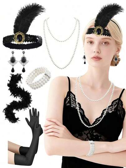 6pcs/Set 1920s Flapper Women's Party Costume Accessories - Flapper Headband, Earrings, Faux Pearl Necklace, Faux Feather Scarf, Gloves - Suitable For Parties, 1920s Themed Cosplay, Masquerade Balls, Formal Dinners, New Year Parties, And Valentine's Day