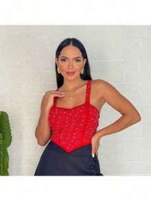 Cropped em Brilho Strass com Alça e Bico V Balada - Vermelho - Visão 2