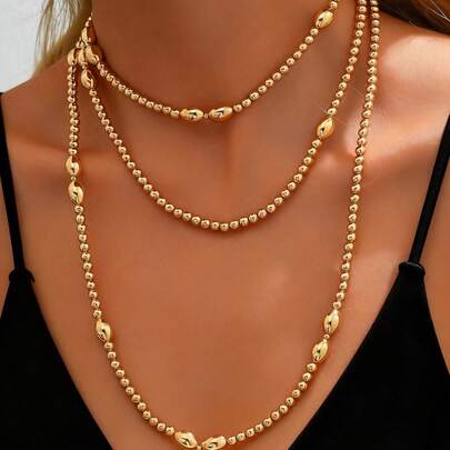 1 件欧美跨境时尚美拉德摩卡金棕色仿珍珠米粒项链，秋冬季长款多功能毛衣链，多层叠戴手链