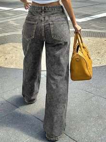 Women's Casual Grey Denim Straight Leg Jeans With Zipper Closure Long Non-Stretch Fabric For Everyday Wear - Grey - View 6