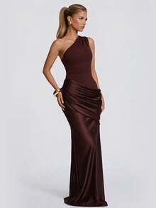 Sleeveless Solid Color Party Sexy Zipper Asymmetric/Asymmetrical Backless Evening Dress - Brown - View 6