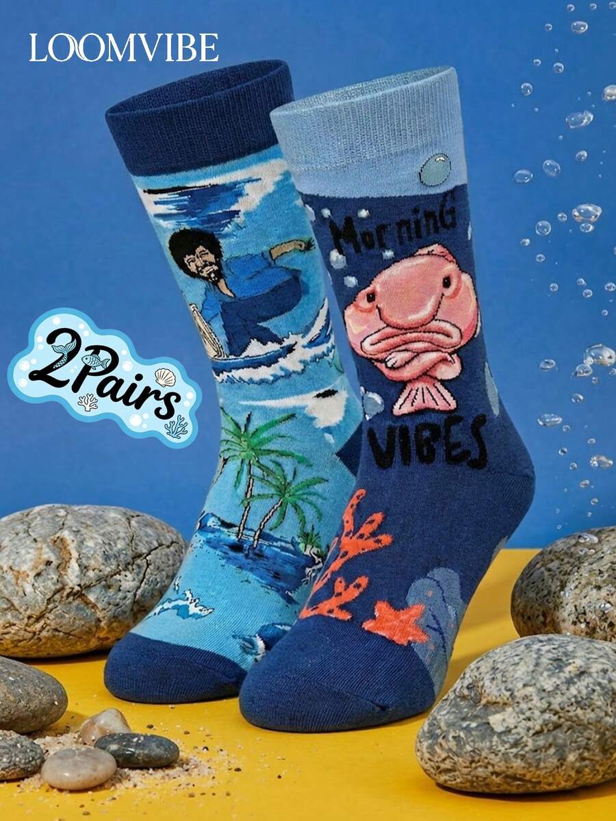 Bộ 2 đôi tất cao đến đầu gối unisex chủ đề đại dương và đảo vui nhộn: Cá Blobfish/Cảm hứng buổi sáng + Lướt sóng/Yếu tố đảo | Thấm hút mồ hôi & Khử mùi, mềm mại & vui nhộn! Món quà lý tưởng cho những người yêu thích đại dương & mùa hè – Hoàn hảo cho các sự kiện thường ngày/theo chủ đề. - Nhiều màu - Xem 1