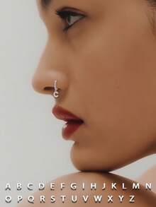 925纯银单字母鼻环，小巧夹式鼻环，镀金立方氧化锆字母鼻环，珠宝礼品，适合女孩和女士 - 單圈字母 - 查看 2