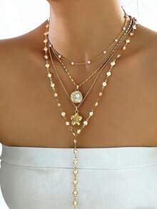 4pcs Fashionable Minimalist Bohemian Shell Flower & Faux Pearl Y-Necklace Set, Versatile For Vacation, Date, Party, Gift, Daily Wear - Yellow Gold - View 6