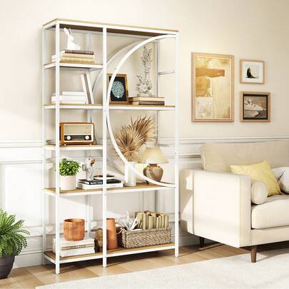  COSTWAY 6-Tier Bookshelf, Industrial Etagere Bookcase With Open Storage Shelves, Freestanding Tall Display Shelf With Arc-Shaped Design, Metal Frame, Storage Organizer For Living Room, Home Office, Natural