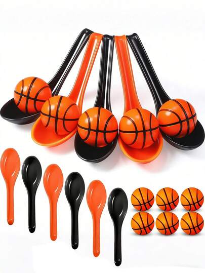 篮球主题生日派对游戏 - 篮球勺子接力赛，成人友好型活动套装。包含鸡蛋、勺子和竞技游戏，适合室内/室外运动派对和学校用品（橙色）。