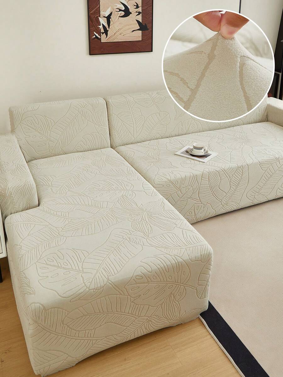 1件银灰色叶子图案提花裙式沙发套，弹性一体式全包覆沙发保护套，可水洗家居装饰，适用于1/2/3/4人沙发，尤其适合秋冬季沙发装饰，也适用于长凳、客厅沙发、客厅家具 - 銀灰 - 查看 1