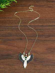 1件黑白天使翅膀吊坠，镶嵌合成绿色宝石和仿珍珠，层叠羽毛，优雅锌合金项链 - 金色 - 查看 4