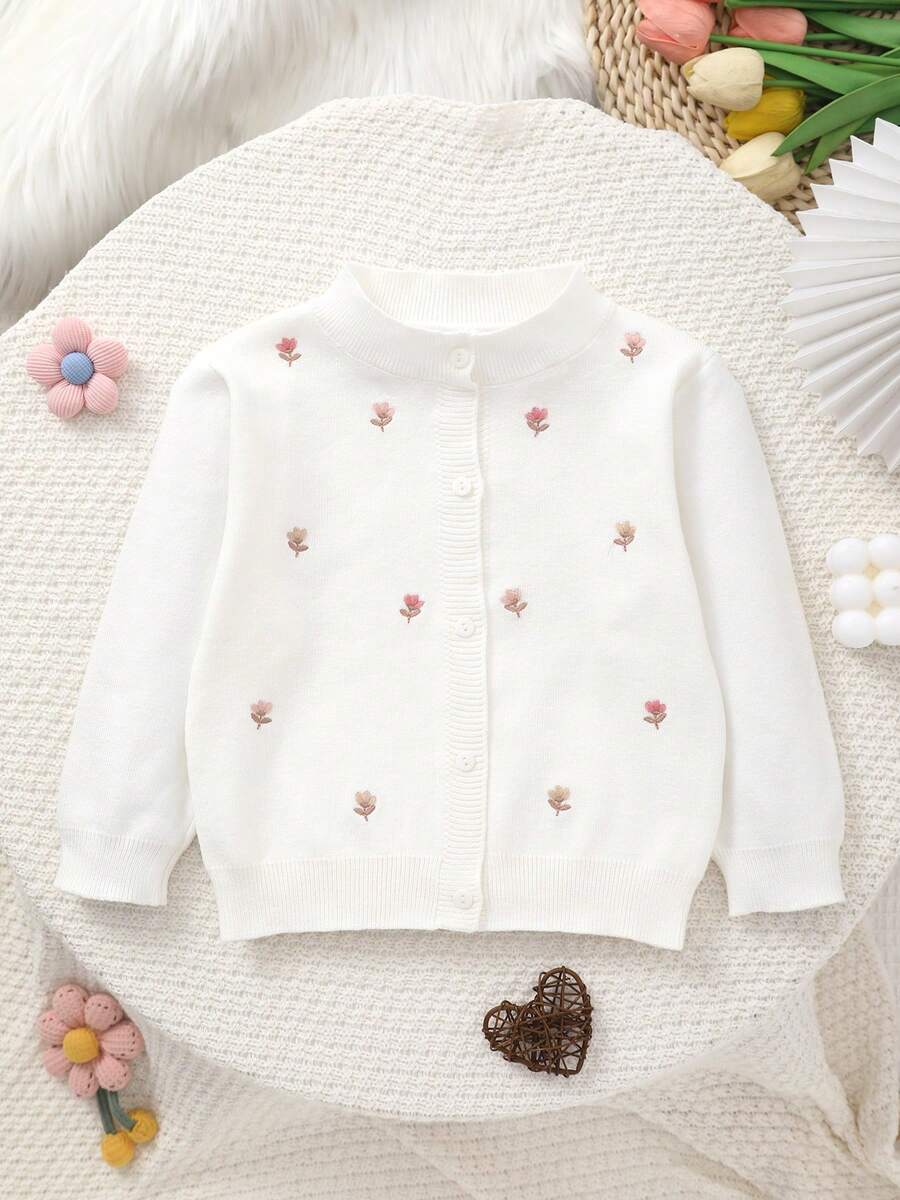 Girls' Knitted Round Neck Handmade Floral Embroidery Cardigan - White - View 1