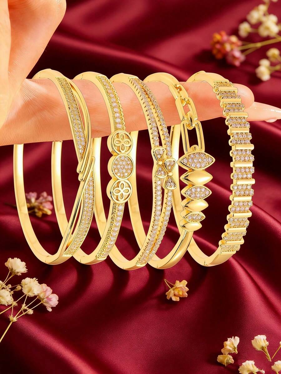 5件套锆石装饰铜手镯套装，几何、花卉等多种设计，精致珠宝，可装饰手腕，适合任何场合。 - 金色 - 查看 1