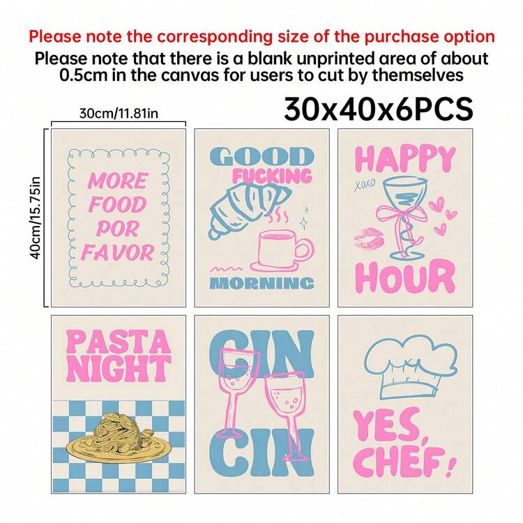 6PCS Pink Kitchen Canvas Posters, Food Themed Wall Decoration Set. Kitchen Wall Art, Room Posters, Home Decoration, Room Decoration Aesthetics, Bedroom, Kitchen, Living Room, Corridor Decoration, Optional Frame. - 6PCS - View 14
