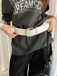 1pc Coffee Color PU Material D-Shaped Buckle Suede Vintage Versatile Wide Belt - White - View 2
