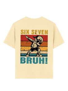 青少年男孩“六七兄弟”搞笑网络迷因67元素Dab舞印花T恤，适合男孩派对、街头、活动穿着，时尚夏季上衣 - 杏色 - 查看 8