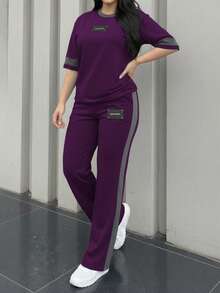 两件套女士春秋季圆领短袖T恤和松紧腰宽松裤套装，休闲日常穿着 - 深紫色64 - 查看 2